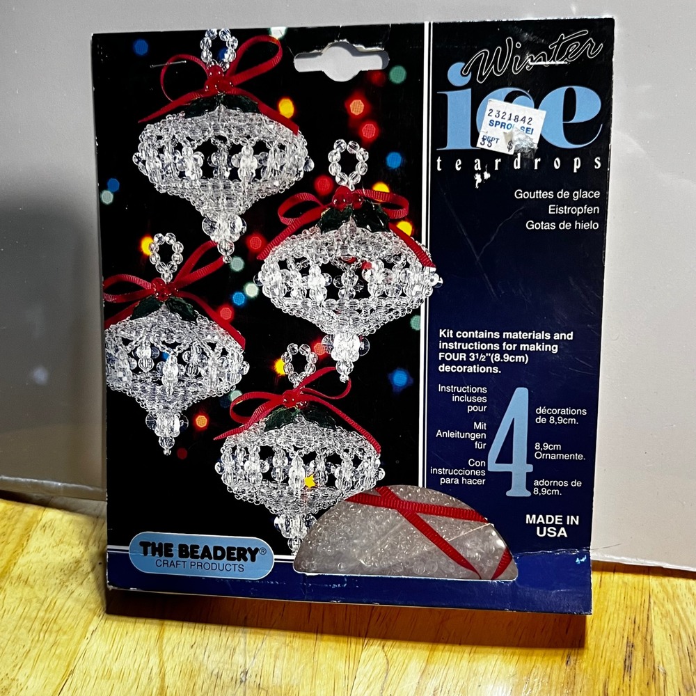 The Beadery Winter Ice Teardrops Ornament Kit Clear Red Beaded DIY 4830 4pc